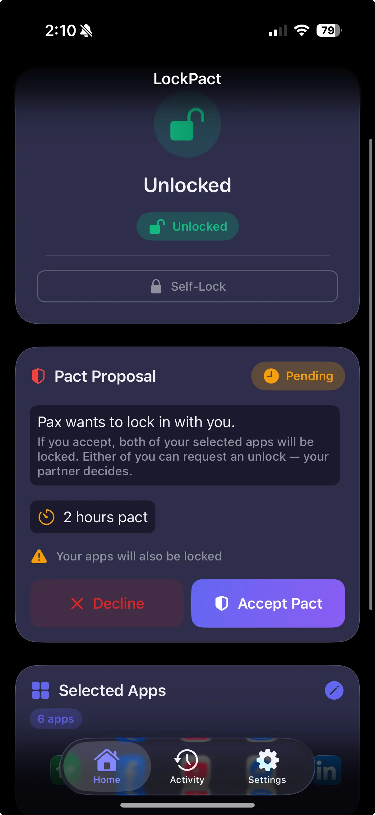 LockPact pact proposal received by the partner
