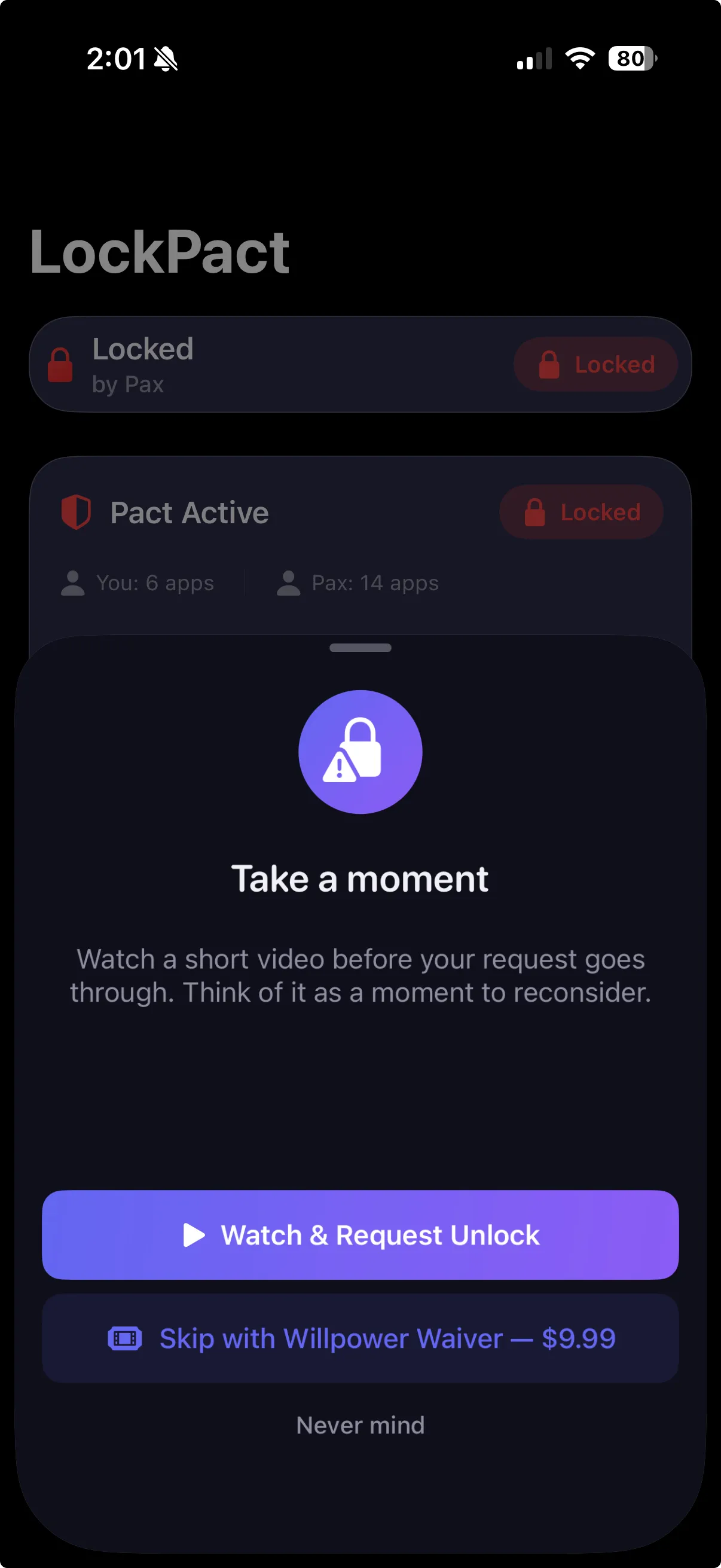 LockPact accountability ad with Willpower Waiver upsell