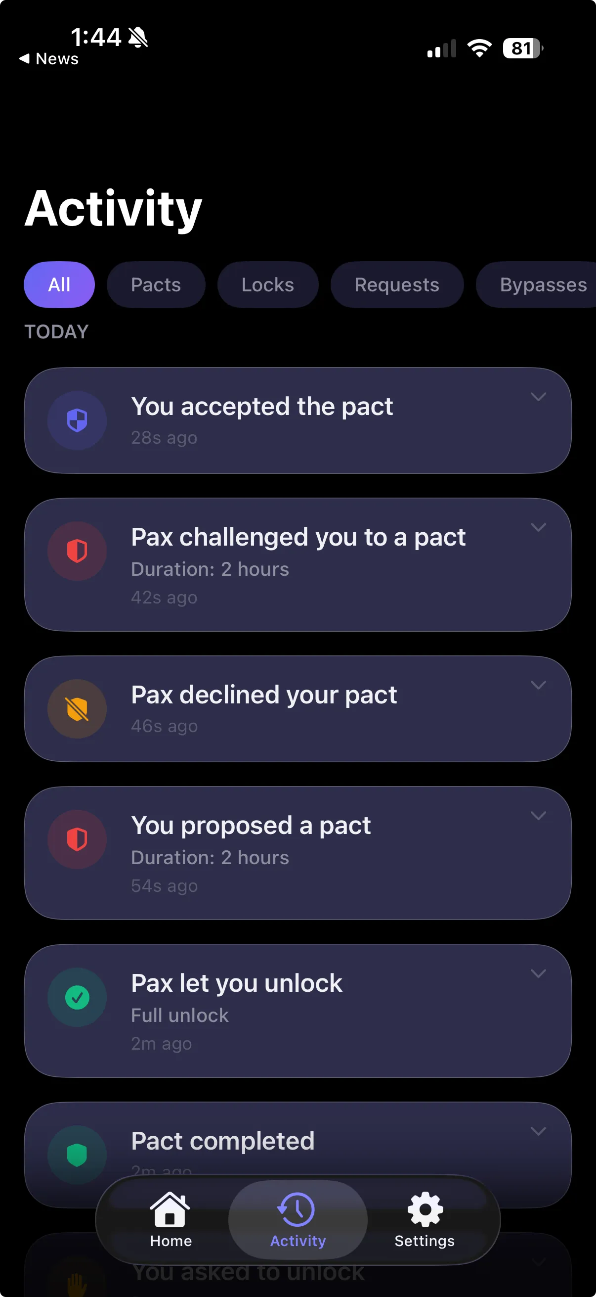 LockPact activity feed with pact and lock events