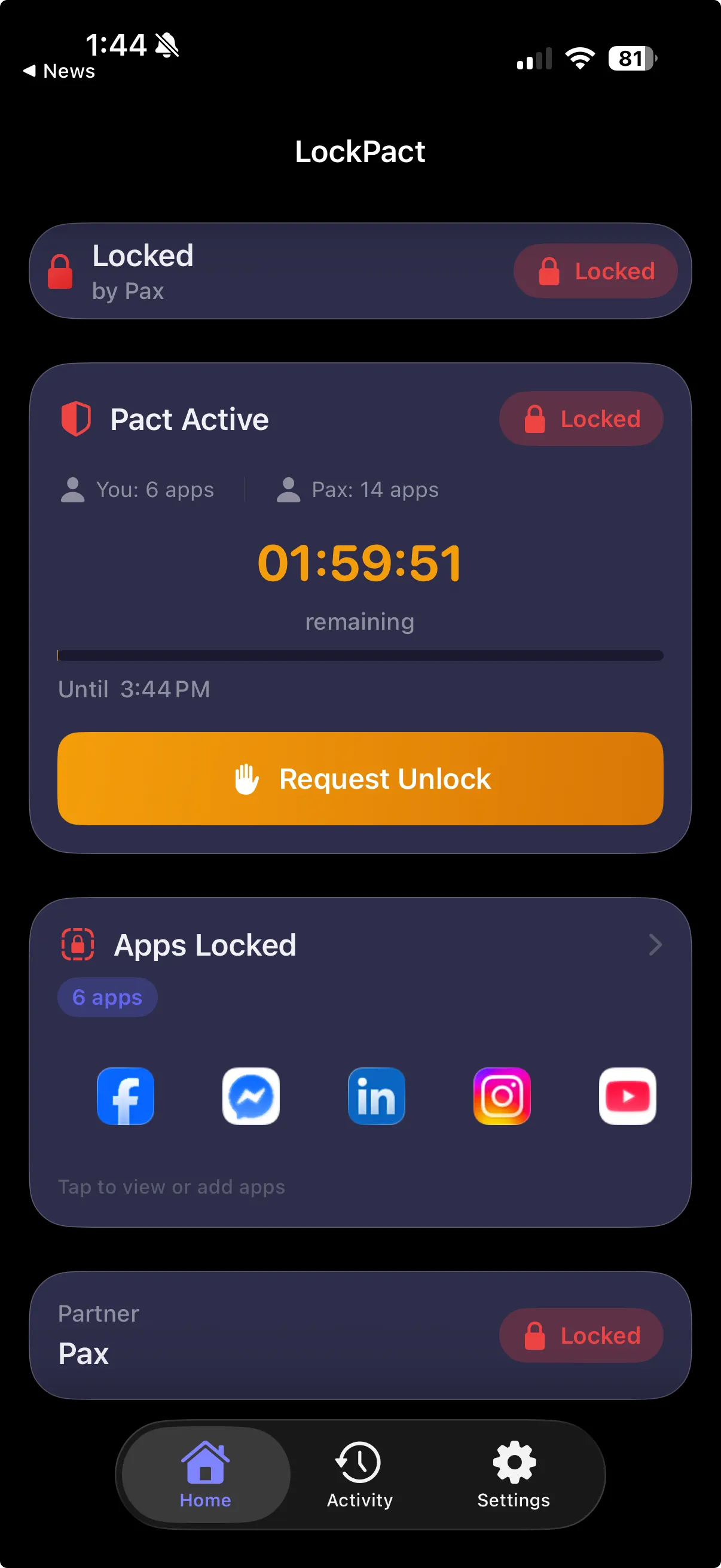 LockPact app showing an active two-hour pact with a partner — six apps locked, partner status, Request Unlock action