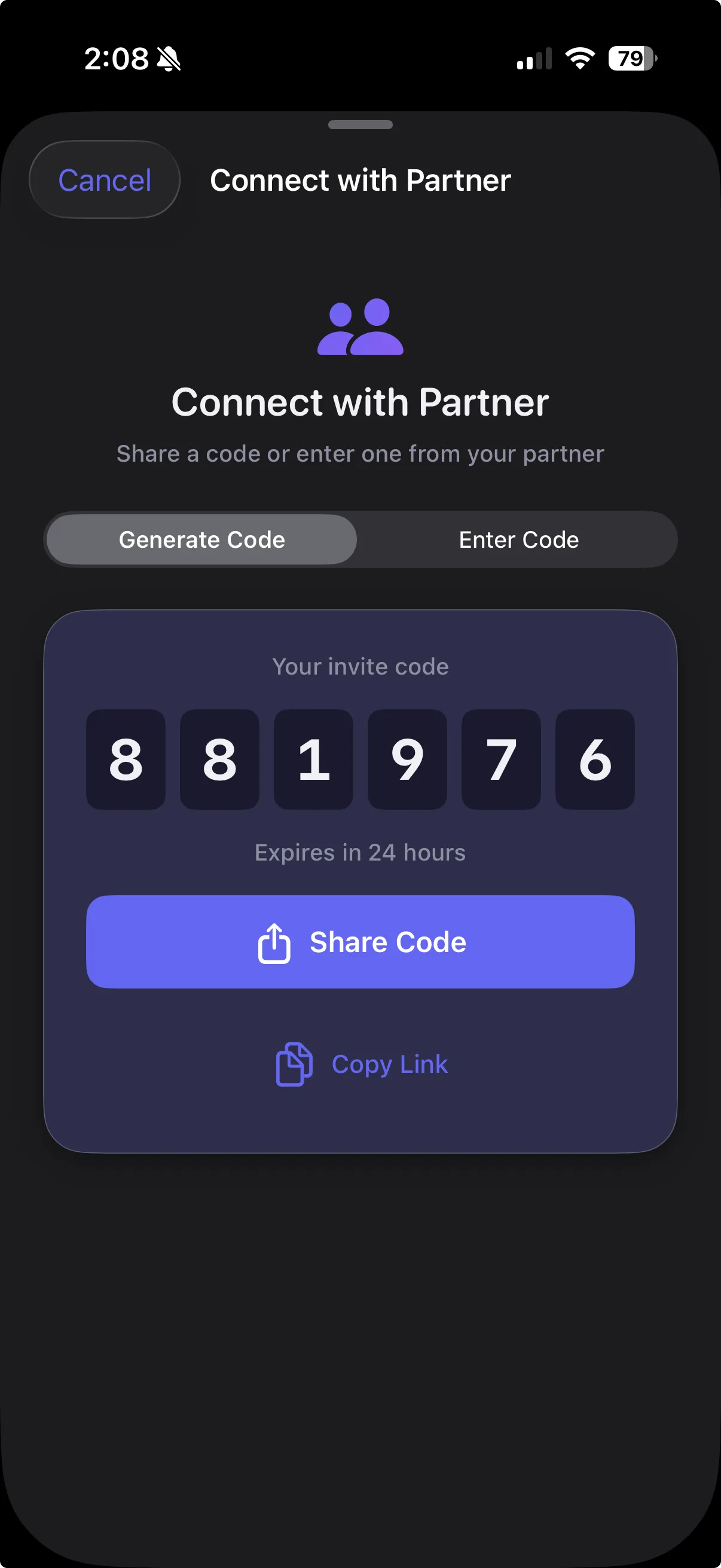 LockPact pairing screen showing a shared six-digit code