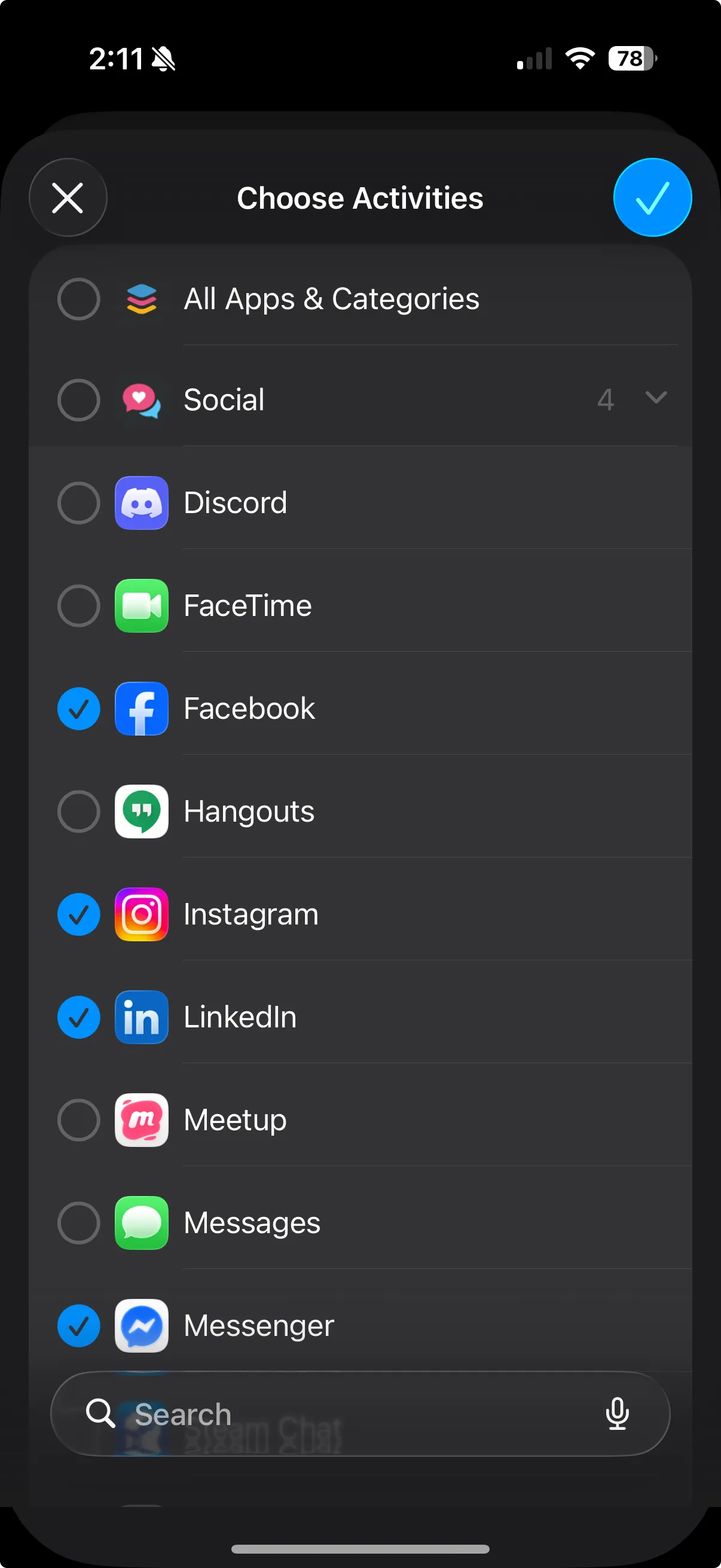 iOS Family Activity Picker showing selected apps to block
