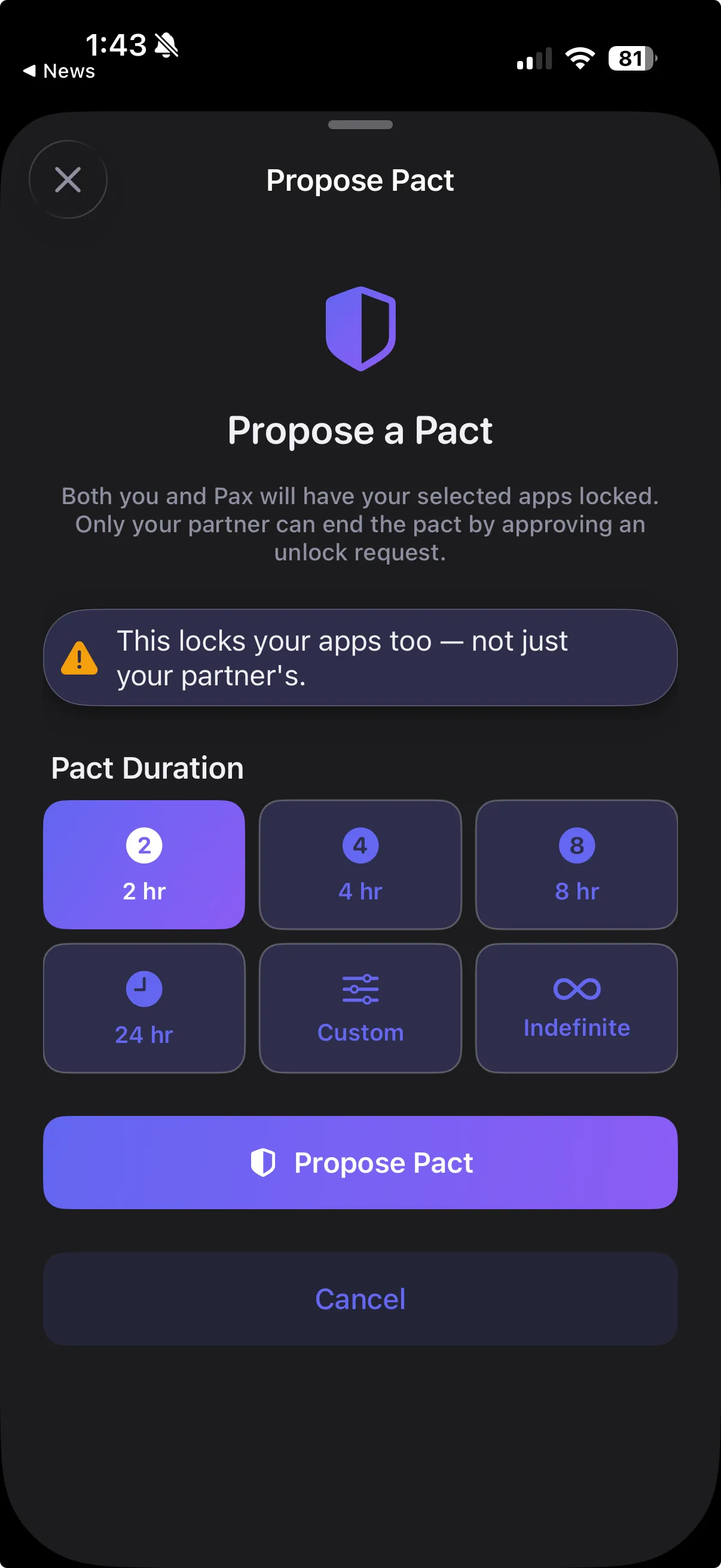 LockPact propose-pact screen with duration options
